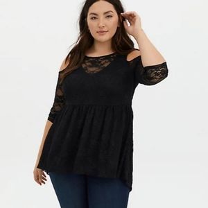 NWT Black lace cold shoulder baby doll top